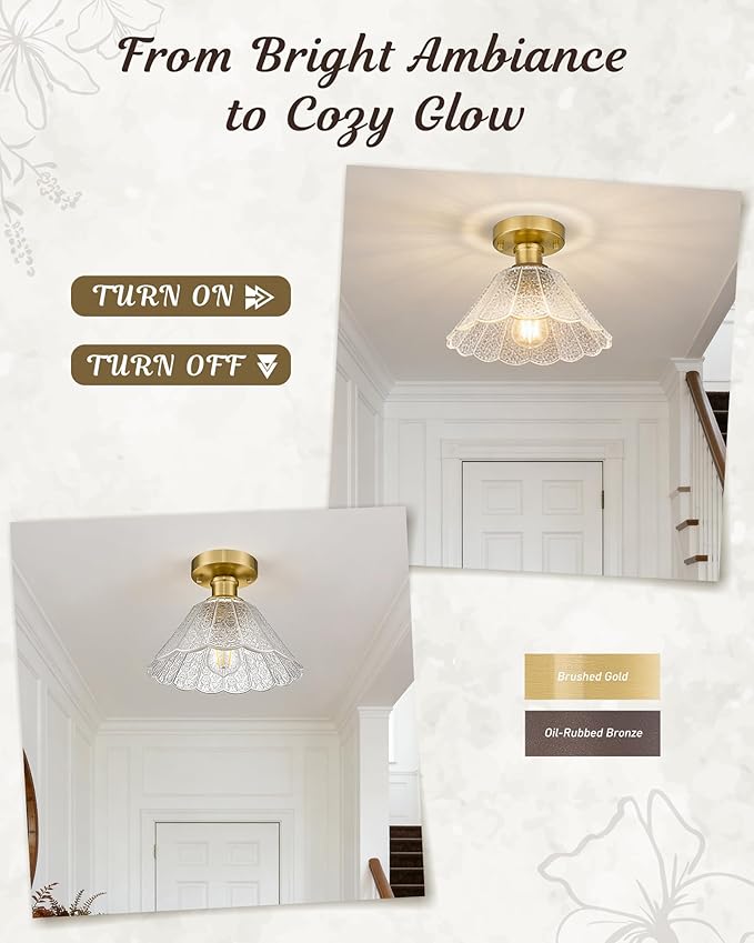 Gold Semi Flush Mount Ceiling Light, HWH 10 Inch Modern Hallway Light Fixtures Ceiling Mount for Kitchen Entryway Foyer, Glass Ceiling Lights in Brushed Gold Finish, Clear Floral Glass, 5HJX110F BG