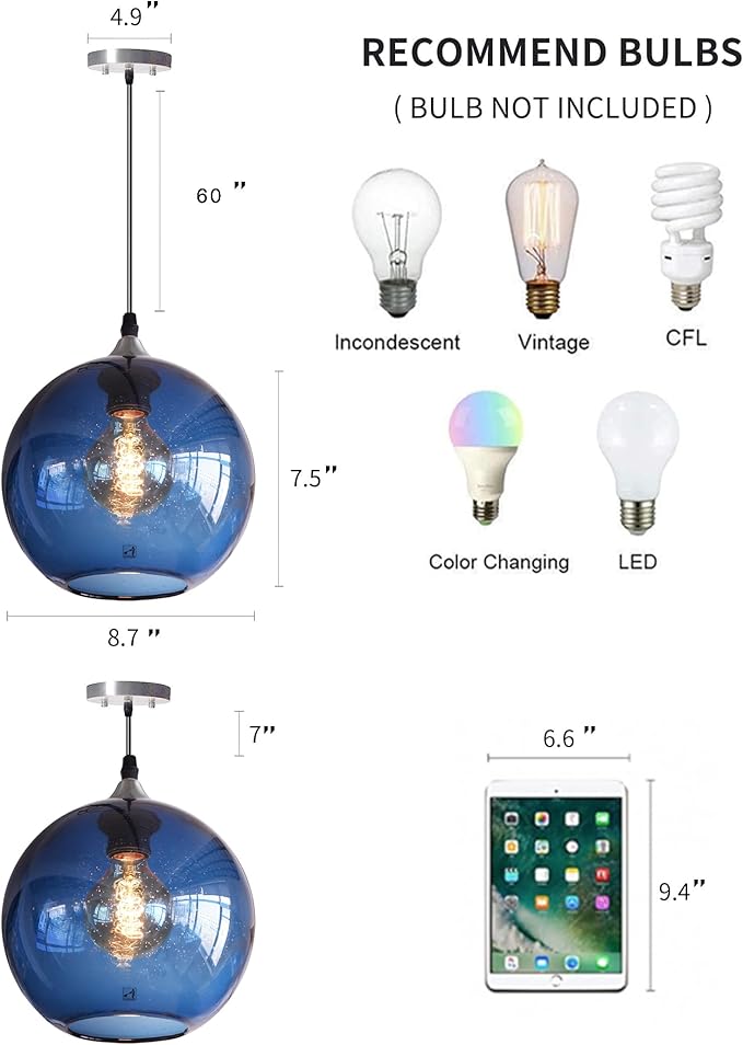 ARIAMOTION Pendant Lights Kitchen Island Blue Glass Lighting Modern Globe Ceiling Hanging Fixtures Seeded Bubble Bedside 8.7 Inch Diam 2-Pack Brushed Nickel