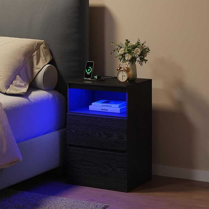 Nightstand Set of 2 with LED Lights, 26" H with Hidden Drawer,Bedside Table with Charging Station, 3 Drawers, Modern Night Stand for Bedroom, Black