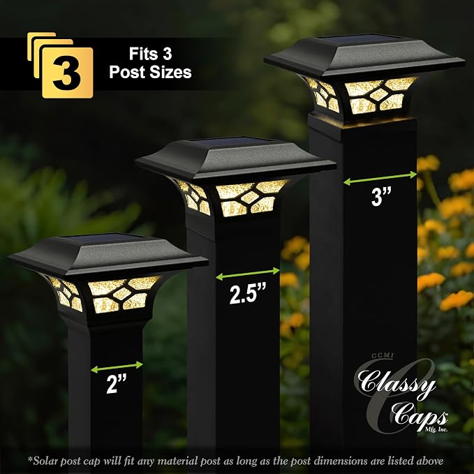 Classy Caps Kingston Solar Post Cap - Fits 2"x2", 2.5"x2.5" and 3"x3" Fence & Deck Posts - Black Cast Aluminum - Warm/Cool Light Color Modes - Heavy-Duty, Real Glass - Mod. SLZ332B