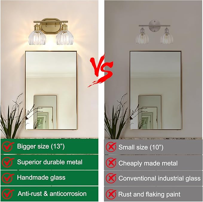 2-Light Bathroom Light Fixtures, Gold Vanity Lights for Bathroom with Ribbed Clear Tulip Glass Shade, Brass Vintage Wall Scone Lighting Over Mirror for Farmhouse,Bedroom,Living Room,Hallway