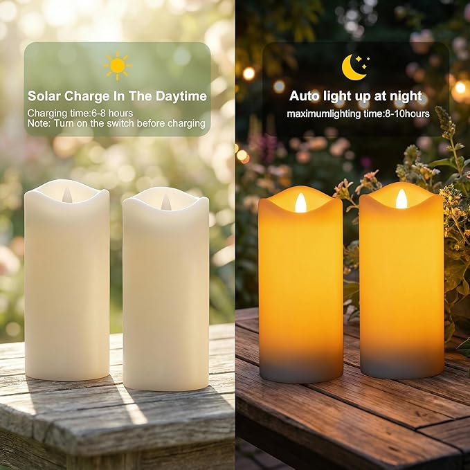 Livinlarge 3"x6" Large Outdoor Solar Candles Waterproof, Rechargeable Solar Powered Flameless Flickering LED Pillar Candle for Patio Yard Deck Window Table Decor, Holiday Gifts for Mom and Wife, 6pcs