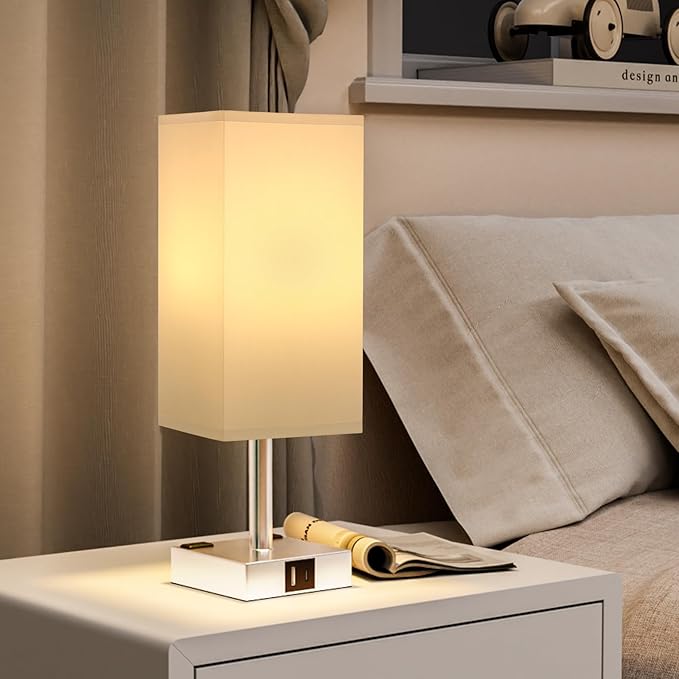 Touch Bedside Table Lamp for Nightstand - 3-Way Dimmable Night Lamp with USB A + Type C Charging Ports and Two AC Outlets, Small Desk Light with E26 LED Bulb for Bedroom Living Room Dorm Office,White