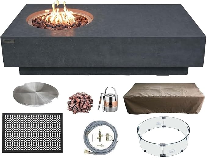 Elementi | Bundle Metropolis Gas Fire Pit Cast Concrete 56" Rectangular Fire Table, Outdoor Fire Pit Electronic Ignition | Canvas Cover, Lava Rock Included | Dark Gray (Natural Gas)