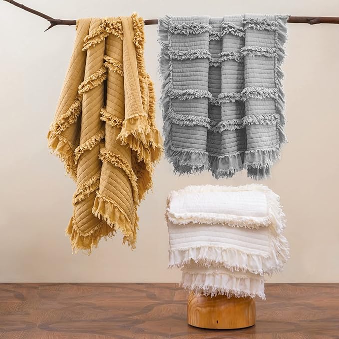 Ultra Soft Pre-Washed Quilted Boho Cream Twin Size Blankets for Bed, Ruffle Fringed Decorative Throw, Stone Washed Chic Rustic Blanket for Sofa Couch Bed, 60"*80"