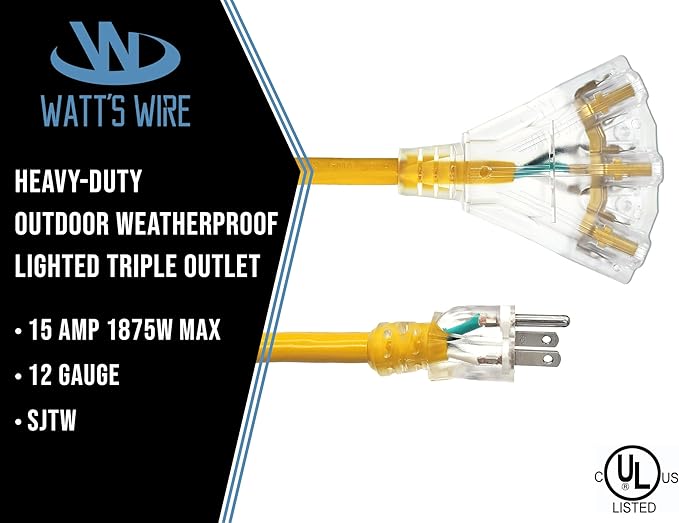 50 ft Outdoor Extension Cord Waterproof - 12 Gauge Heavy Duty Extension Cord Splitter - Lighted Outdoor Extension Cords with Multiple Outlets - Watts Wire - 50' Grounded - extensiones electricas
