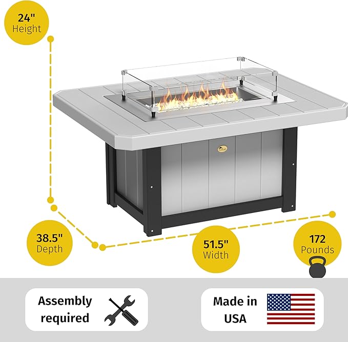 LuxCraft 51" Lumin Rectangular Gas Propane Fire Pit Table for Outdoor Patio with Tempered Glass Wind Guard and Stainless Steel Burner Cover - Amish Made in USA (Green)