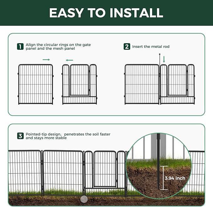 FXW Garden Fence Outdoor for The Yard – 50in(H) x 20.8ft(L) Heavy Duty Metal Animal Barrier for Dog and Rabbit, Decorative Dog Fence, 8 Panels, Black