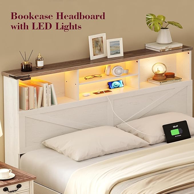 Full Size Bed Frame with Bookshelf, High Headboard with Charging Station and LED Light, Farmhouse Bed with Storage Drawers, No Box Spring Needed, Noise Free, Easy Assembly, Antique White
