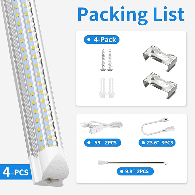 SHOPLED 4FT LED Shop Light, 48W 7200LM 6000K Cool White, D-Shape 300° Beam Angle, Linkable T8 LED Tube Lights Fixtures, 4 Foot Shop Lights for Workshop Garage Workbench, ETL Listed, 4 Pack