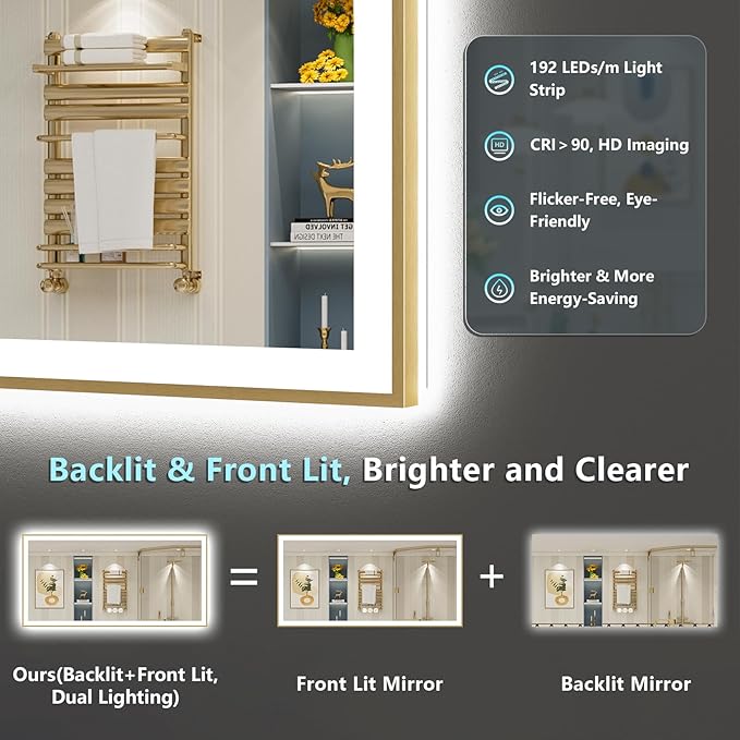 72x40 Gold LED Bathroom Mirror with Lights, Brushed Gold Framed Backlit and Front Lit Anti-Fog Lighted Vanity Mirrors for Bathroom Wall, Dimmable, 3 Colors, Memory, HD Tempered Glass, CRI＞90