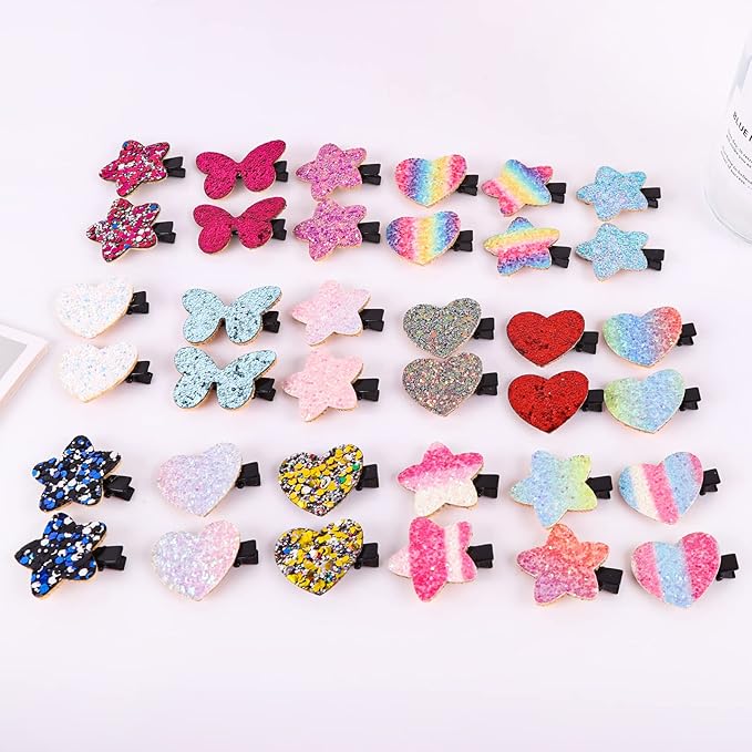 Fishdown Sparkle Sequins Hair Accessories for Girls: 36 Pcs Star, Heart, Butterfly Hair Clips, Barrettes, and Alligator Clips for Toddlers
