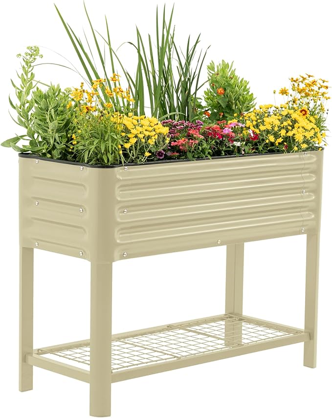 Elevated Raised Garden Bed- Slim Series, 1.5' x 3.5' Outdoor Planters Boxes with Legs & Storage Rack for Patio, 500 Lbs Weight Capacity, Raised Beds for Gardening Herbs Vegetables Flowers, Pearl White