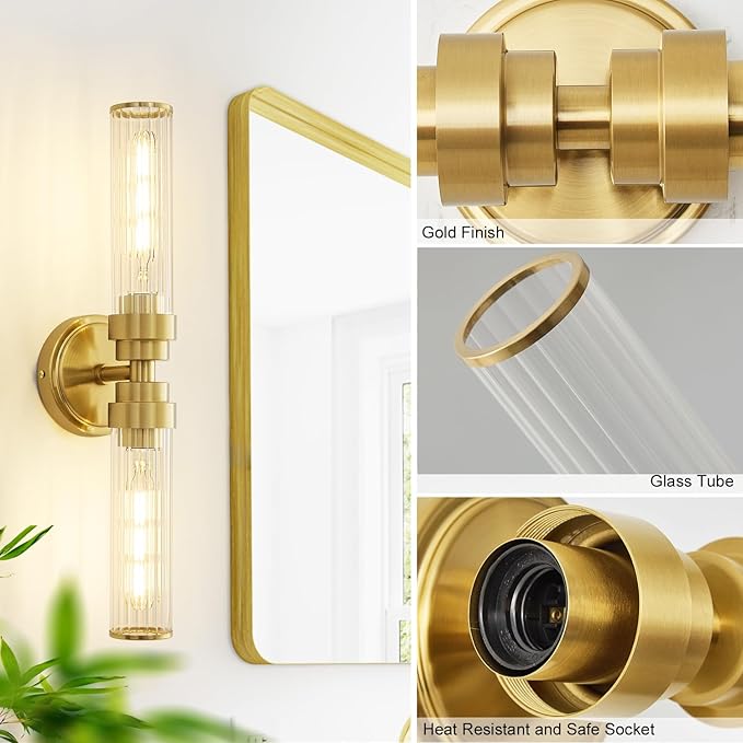 Bathroom Light Fixtures, Gold Wall Sconce in Threaded Glass Indoor Vanity Lights, Modern Bathroom Vanity Light Up and Down Sconces Wall Lighting for Bathroom, Living Room - Bulb Not Included