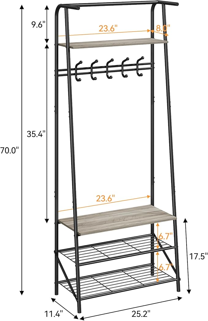 Coat Rack Hall Tree with Shoe Storage Bench, 4-in-1 Entryway Bench with 6 Hooks & 3-Tier Shoe Rack, Metal Frame for Entryways, Freestanding Coat Racks Storage for Entryway, Hallway, Front Door