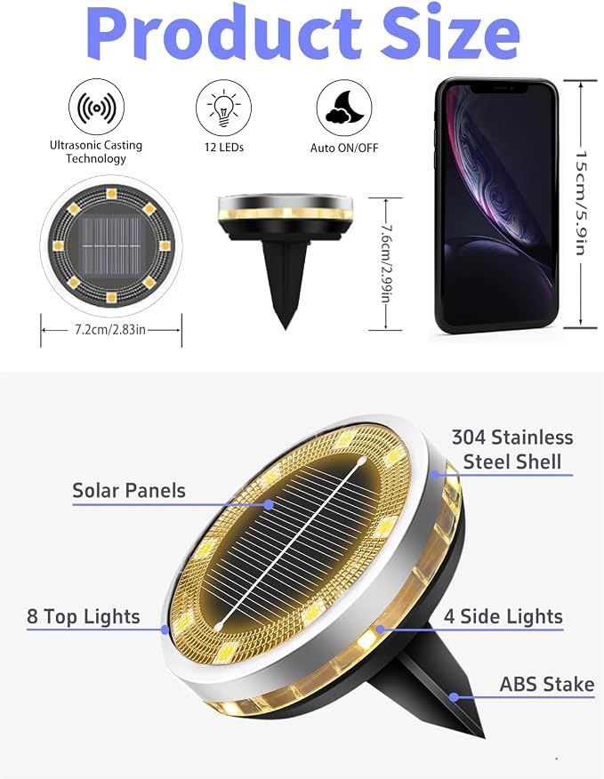 Solar Ground Lights Outdoor 2 Pack Waterproof, Upgraded Solar Garden Lights with 4 Side Light, Stainless Steel Solar Powered Disc Landscape Light for Walkway Pathway Lawn Yard Patio Deck-Warm White