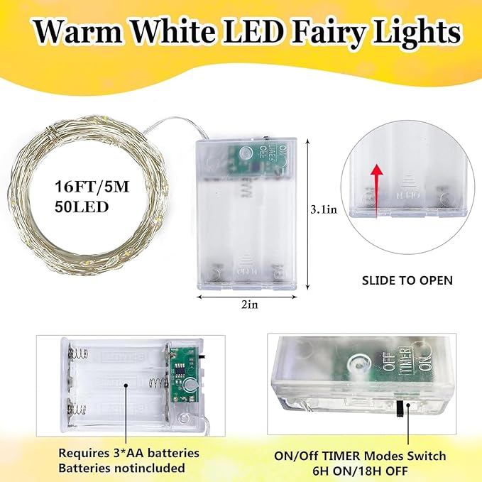 2-Pack Fairy Lights Battery Operated with Timer, 16FT 50 LED String Lights Indoor Outdoor, Cuttable Starry Fairy Lights Waterproof for Christmas Home Bedroom Wedding DIY Centerpiece Decor (Warm White)