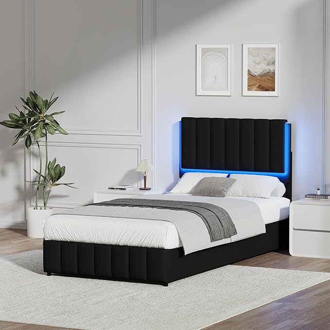 Twin Upholstered Bed Frame with LED Lights, Faux Leather Platform Bed with Headboard and Wooden Slats Support, No Box Spring Needed, Noise-Free, Easy Assembly, Black
