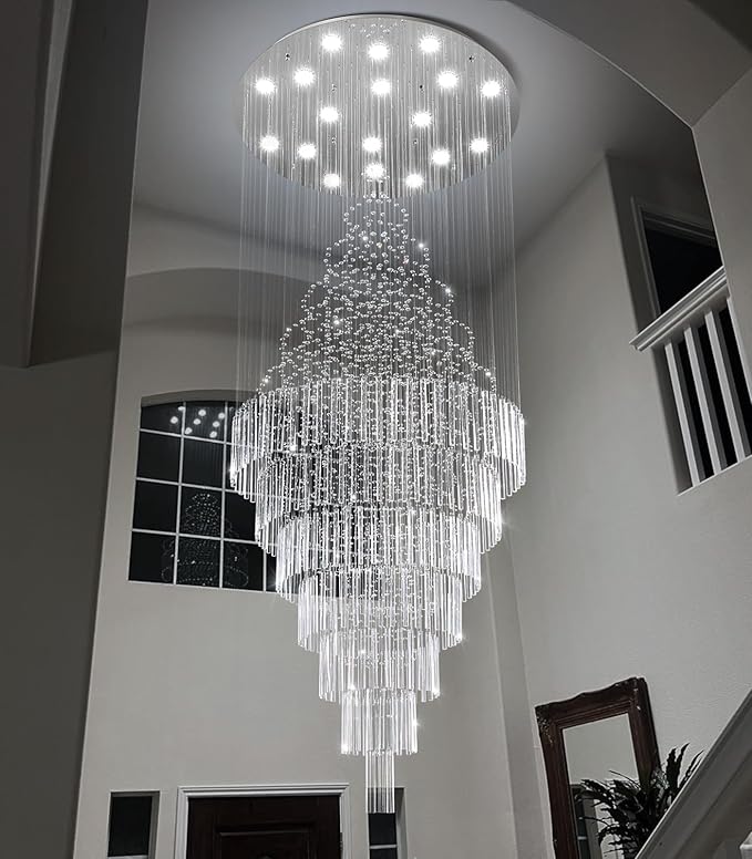 W40 x H120 Glam Chandelier with LED Bulbs Crystal Raindrop High Ceiling Pendant Light for Entrance Large Villa Chandelier Foyer Lighting Fixtures Silver