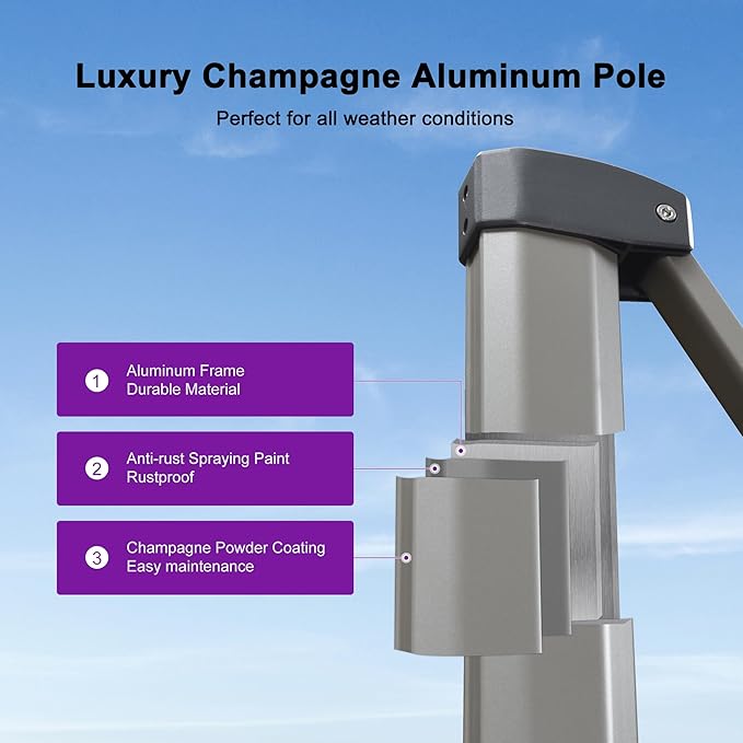 PURPLE LEAF Patio Umbrella with Base Included, 8ft Outdoor Aluminum Cantilever Umbrella with 360° Rotation, Champagne Offset Umbrella for Outdoor Garden Pool, Grey