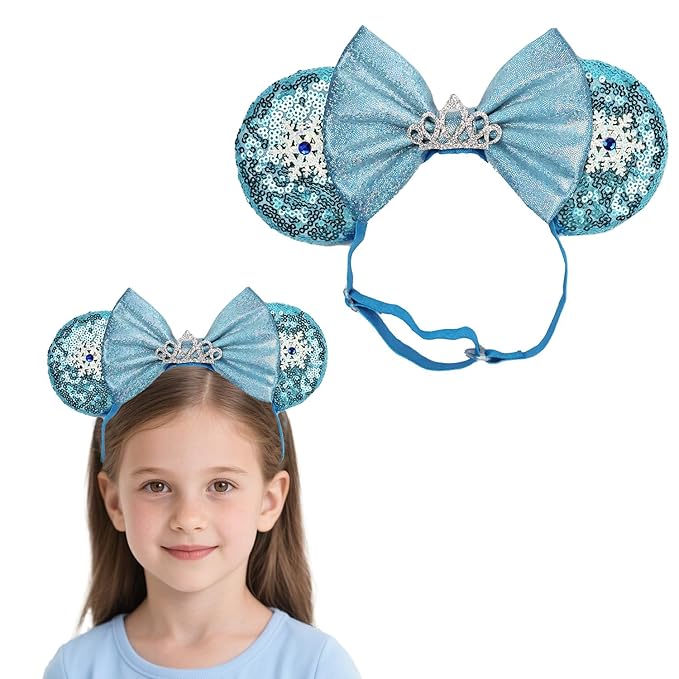 Adjustable Mouse Ears Headband with Crown, Ice Queen Elastic Hair Bow Hairband for Baby Girls Toddlers Teens