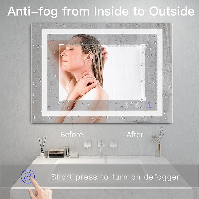 LED Bathroom Mirror,36x28 Inch Bathroom Vanity Mirror Wall Mounted with 3000K-6000K Adjustable, Anti-Fog, Smart Touch Button, Stepless Dimmable Lighted Makeup Mirror, Horizontal/Vertical