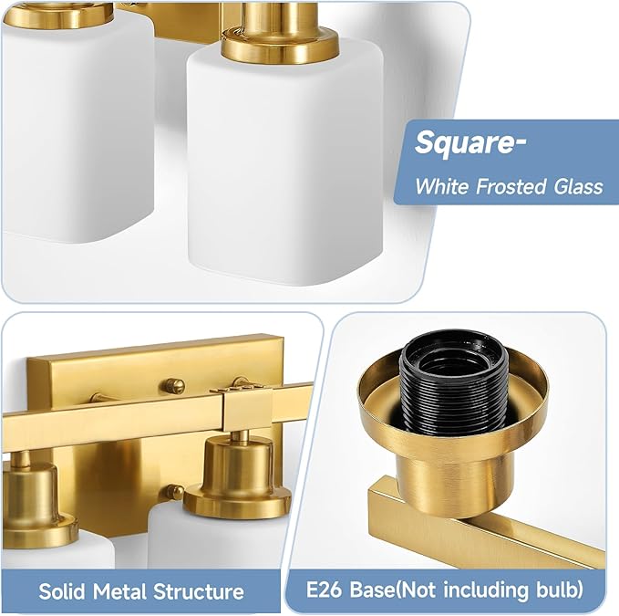 Brushed Gold Bathroom Vanity Light,5-Light Bathroom Light Fixtures with Square Frosted Glass,Gold Bathroom Wall Lamp Sconces for Mirror Bedroom,Living Room Hallway,E26