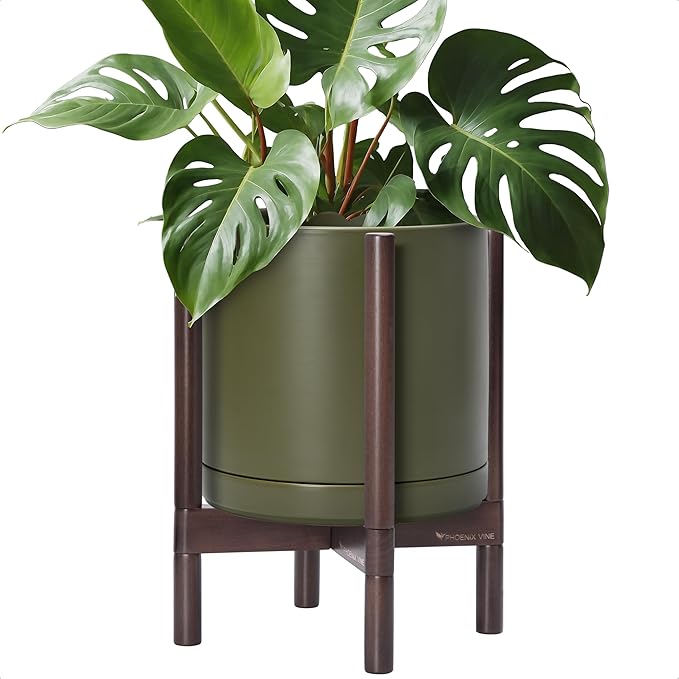 D'vine Dev Ceramic Planter with Walnut Color Stand - 12 Inch Modern Round Flower Pot with Wood Planter Holder, Olive, 55-B-W-J