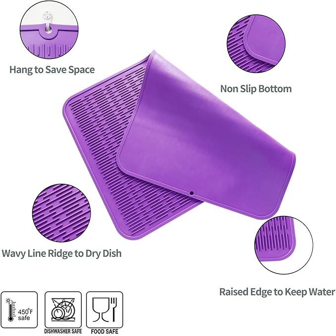 Silicone Dish Drying Mat for Multiple Usage,Easy clean,Eco-friendly,Heat-resistant Silicone Mat for Kitchen Counter or Sink,Refrigerator or Drawer Liner Purple 4XL 32 inches x 18 inches