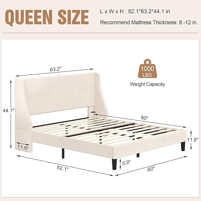 VECELO Queen Bed Frame with Upholstered Wingback Headboard, Heavy-Duty Platform Bedframe with Charging Station, Wooden Slats, No Box Spring Needed, Beige