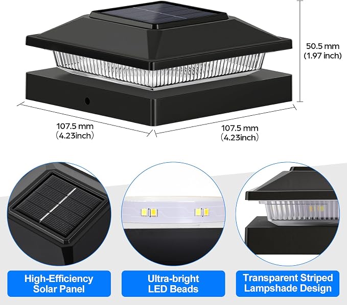 Brightever 4x4 3.5x3.5 Solar Post Cap Lights 6-Pack, Outdoor Solar Powered Fence Post Lights, Black Solar Waterproof Deck Post Lights for Vinyl/Wood Posts, Warm/Cool White, Perfect for Garden Patio