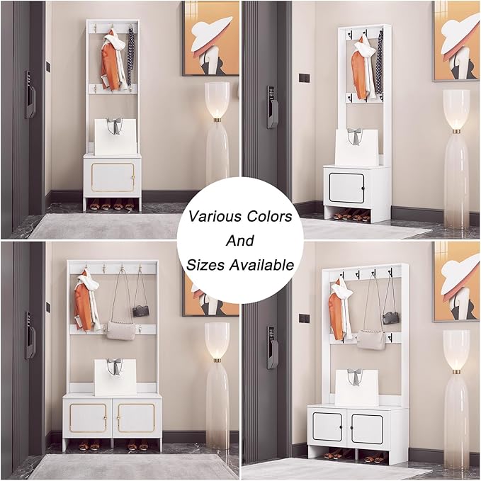 Modern Coat Rack Shoe Bench, 3 in 1 Multifunctional Entryway Organizer with Bench, Shoe Storage and Coat Rack, Entryway Organizer for Small Spaces(White,60cm/24in)