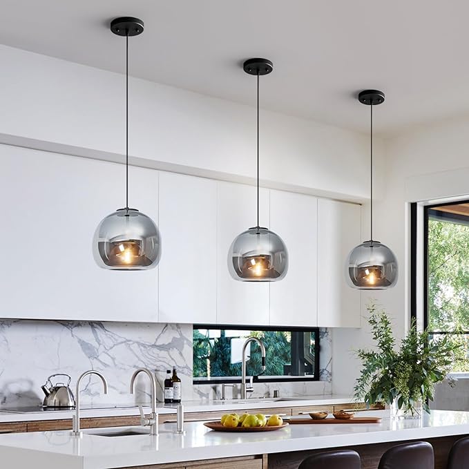 1-Light Mirror Gray Glass Pendant Lights Kitchen Island Black Hanging Light Fixture 9.84" Glass Globe Pendant Light Modern Pendant Lighting for Kitchen Island Bedroom Dining Room