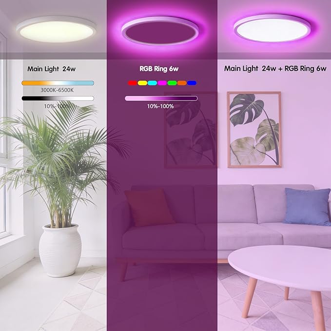 RGB Led Ceiling Light 12 Inch - RGB Rear Color, Flush Mount Ceiling Light for Bedroom Living Room,White, 2-Pack