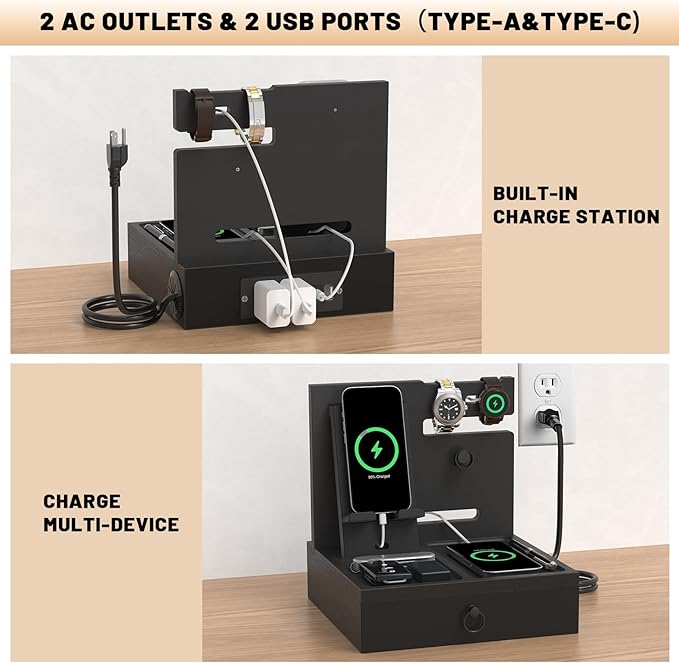 Wood Phone Docking Station with USB Ports and Outlets, Nightstand Organizer with Charging Station, Bedside Organizer with Drawer for Watch & Accessories, Christmas Anniversary Birthday Gifts for Men