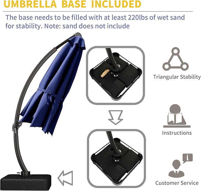 Kingdura 10x10 FT Cantilever Patio Umbrella with Base Included, Large Square Offset Outdoor Pool Umbrella, 360° Rotation & Infinite Tilt, Heavy Duty Aluminum Frame for Deck Backyard, Navy blue