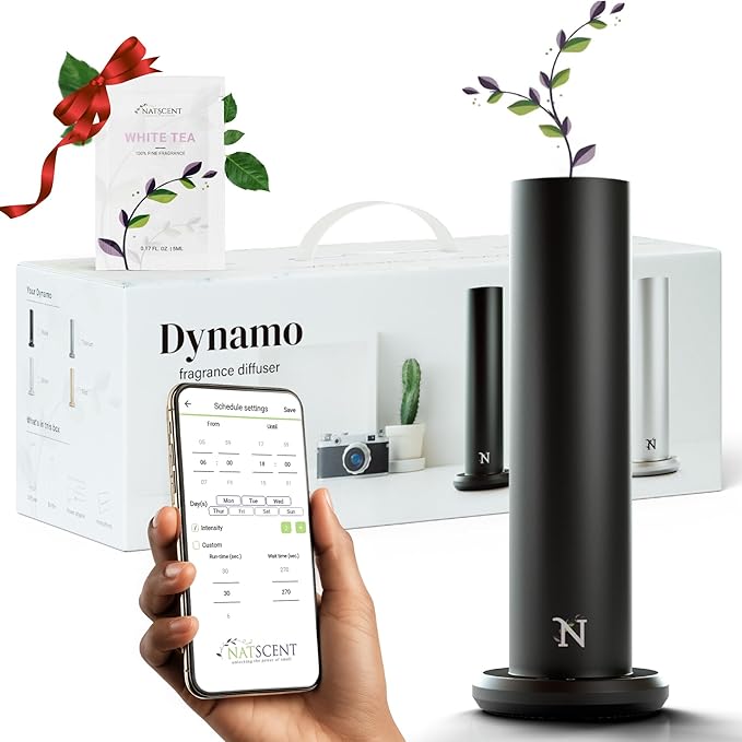 Dynamo Hotel Scent Diffuser – Cold-Air Essential Oil Diffuser for Home & Large Rooms up to 1000 sq ft, App & Manual Control, Hypoallergenic, Includes White Tea Fragrance Sample – Black