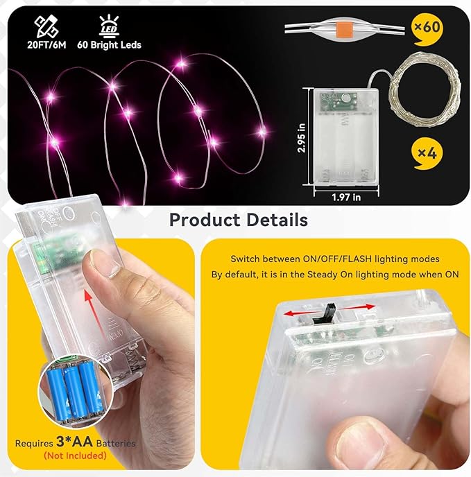 LitHome 4 Pack Valentine's Day Pink Fairy Lights Battery Operated, 20 FT 60 LED Valentines Lights Battery Operated 2 Modes Indoor, Waterproof Led Fairy Twinkle Lights for Gift Bedroom Wedding Decor