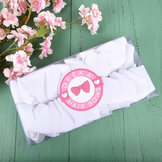 DEEKA 12 PCS 6" Big Hand-made Grosgrain Ribbon Hair Bow Alligator Clips Hair Accessories for Little Teen Toddler Girls - White