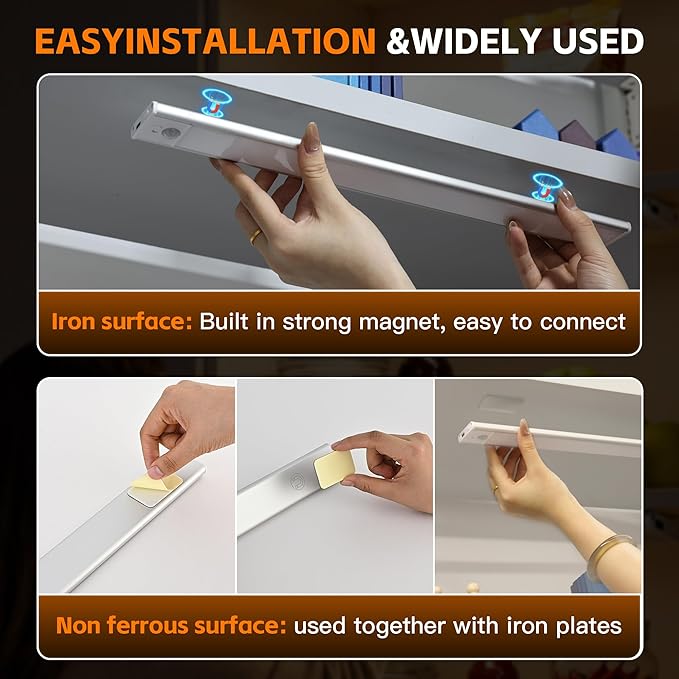 15.7inch Motion Sensor Cabinet Lights, 2400mAh 74 LED Beads, USB-C Charging, 3 Color Temperatures, for Long Lasting Durability Easy to Install, Magnetic Under Cabinet Lights for Kitchen (2 Pack)