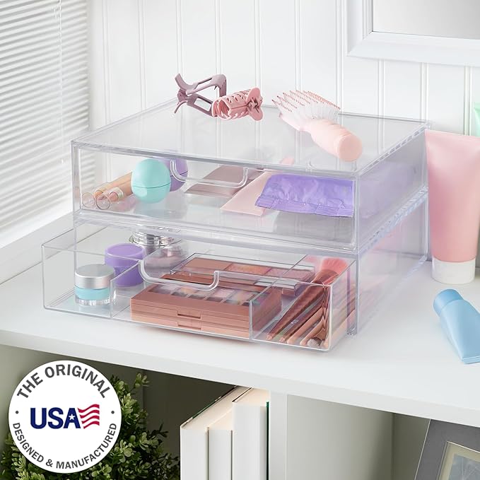 STORi STAX Plastic Stackable Organizer Drawers (Set of 2) Clear | 12.5" Wide | Set Includes One Open Drawer & One Divided Drawer | Organize Office Desk Accessories & Sort Paper | Made in USA