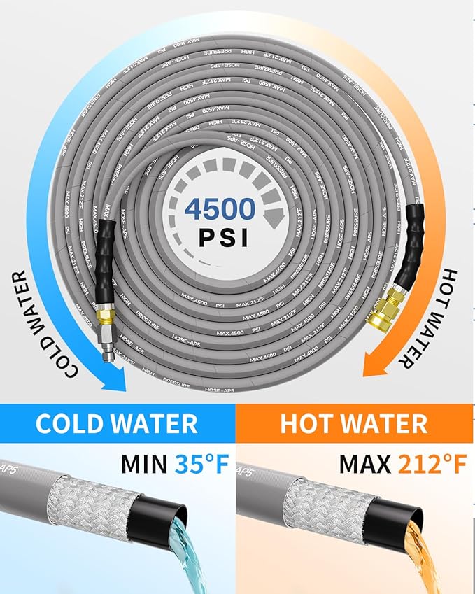 Pressure Washer Hose 150FT 3/8" for Cold and Hot Water 212°F, with Swivel Quick Connect, 4500PSI Kink Resistant Grade Steel Wire Braided, Power Washer Hose With 2pcs M22-14mm Adapter