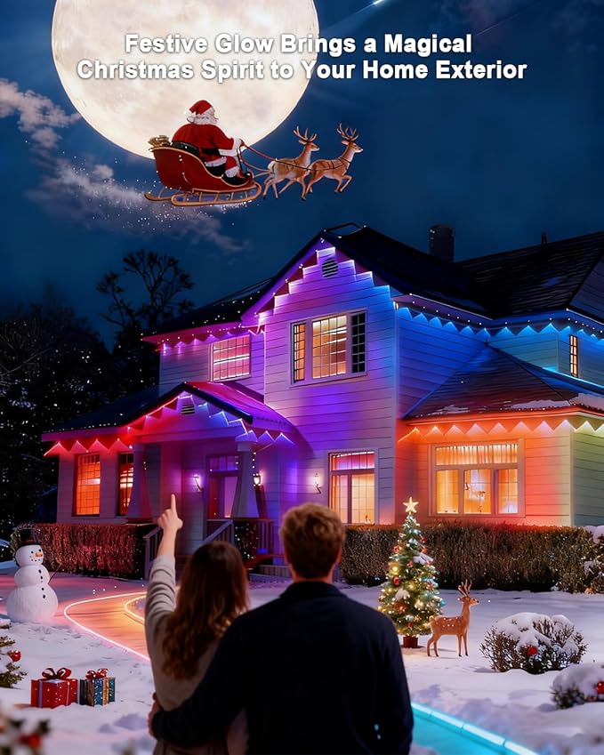 Permanent Outdoor Lights for House,100FT RGB IC Smart Permanent Eave Lighting with App/Remote Control,IP67 Waterproof,Music Sync,DIY Color Scenes,Year-Round Eaves Lighting for House Roof Decor