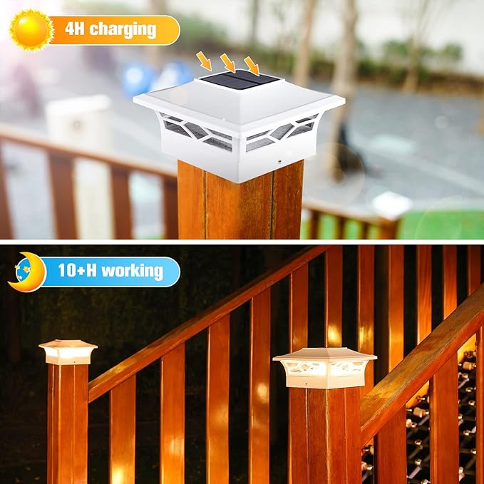 VOLISUN Solar Post Cap Lights: 6 - Pack Outdoor Deck Post Cap Lights White for Dock Fence Waterproof 2 Color Modes,4x4/6x6 Wooden/Vinyl Posts