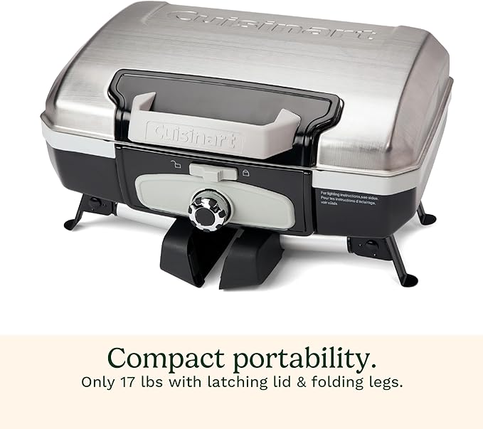 Cuisinart Petite Gourmet Portable Gas Grill, Compact Portable Grill Propane, 150 Sq. In. Cooking Surface, 5,500 BTU Burner Small Gas Grills for Camping, BBQ, Folding Legs and Carry Handles, Stainless