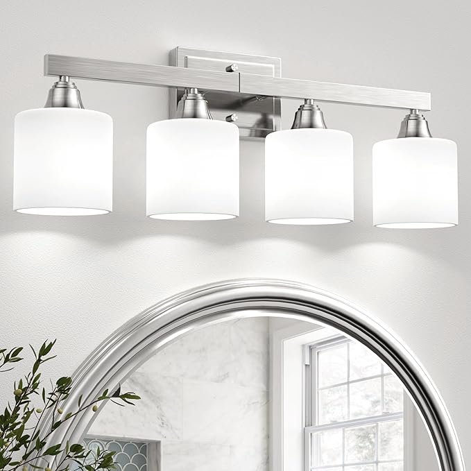 VOLISUN Brushed Nickel Bathroom Light Fixtures, 4-Light Bathroom Vanity Lights Over Mirror, Modern Vanity Light for Bathrooms, Bathrooms Lights Fixtures Over Mirror with Milky White Glass Shades