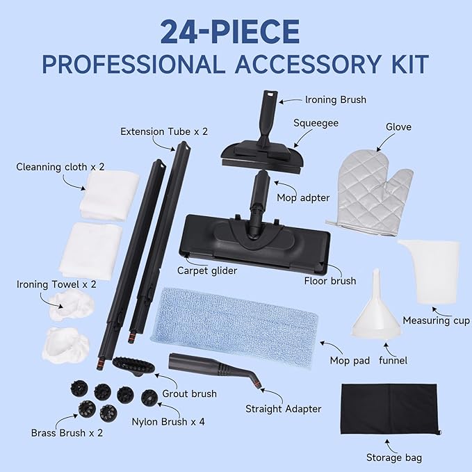 Steam Cleaner with 24-Piece Attachments, Multipurpose Steamer Mop for Home, Floor, Car, Grout, Tile, Furniture, Carpet, Couch, Window, Wall, Upholstery, Oven Grease, Canister, 1.5L Tank