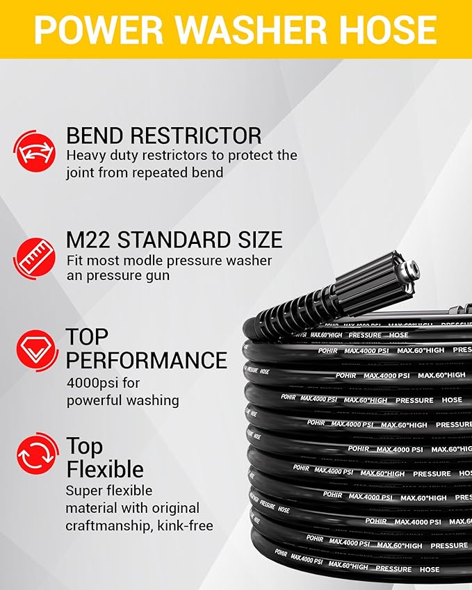 POHIR Pressue Washer Hose 25ft Quick Connect M22 Fittings, 4000 PSI Pressure Power Washer Hose Replacement, Electric Kink Free Hose with M22 Extension Adapter and 4pcs M22 14mm to 3/8
