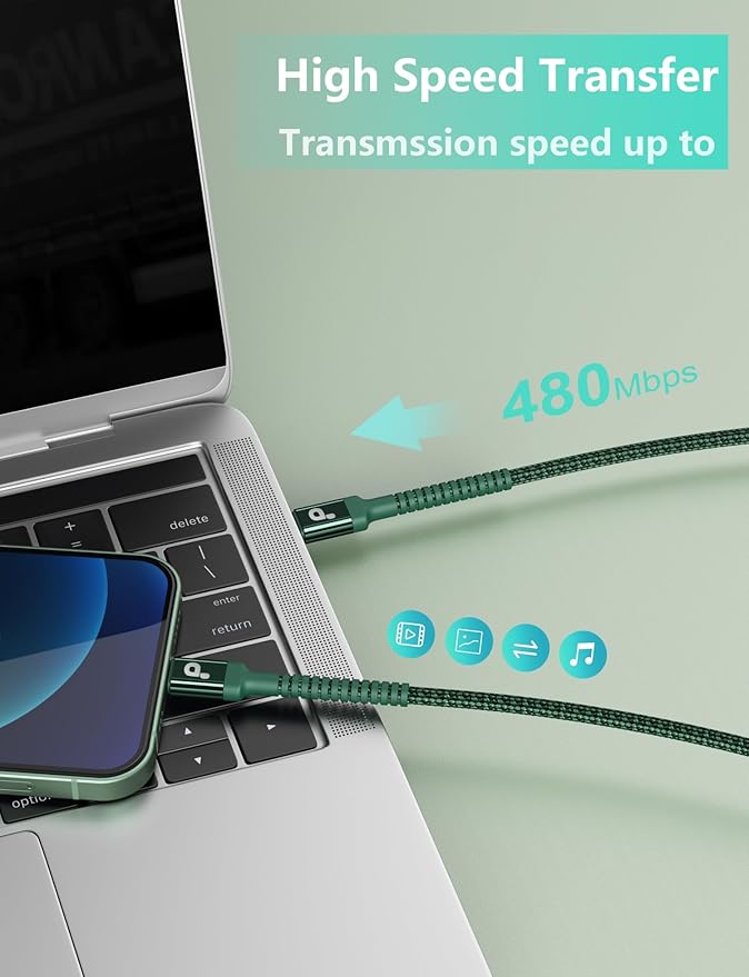 USB C Cable Fast Charging 10FT, 2Pack USBC to USBC Cable, iPhone 16 15 Charger Long Type C Nylon Braided USB-C Charger Cord for iPhone 17/16/15/Pro Max/Plus/Samsung Galaxy S23/LG and More-Green