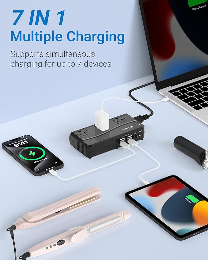 BESTEK Universal Travel Adapter 100-220V to 110V Voltage Converter 250W with 6A 4-Port USB Charging 3 AC Sockets and EU/UK/AU/US/India Worldwide Plug Adapter (Black)